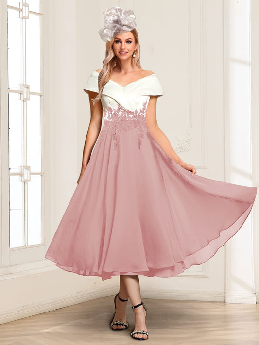 A-Line/Princess V-Neck Cap Sleeves Tea-Length Mother of the Bride with Appliques