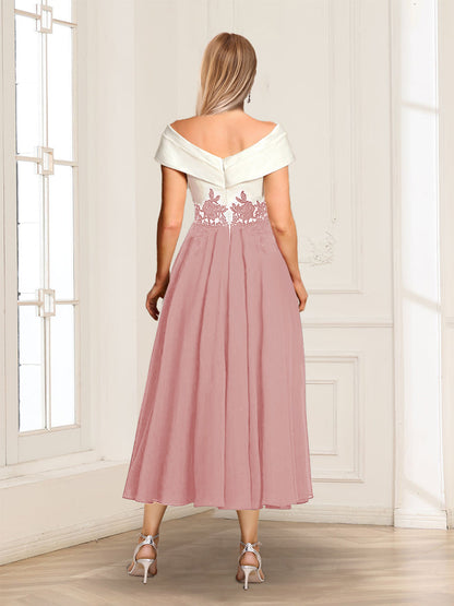 A-Line/Princess V-Neck Cap Sleeves Tea-Length Mother of the Bride with Appliques