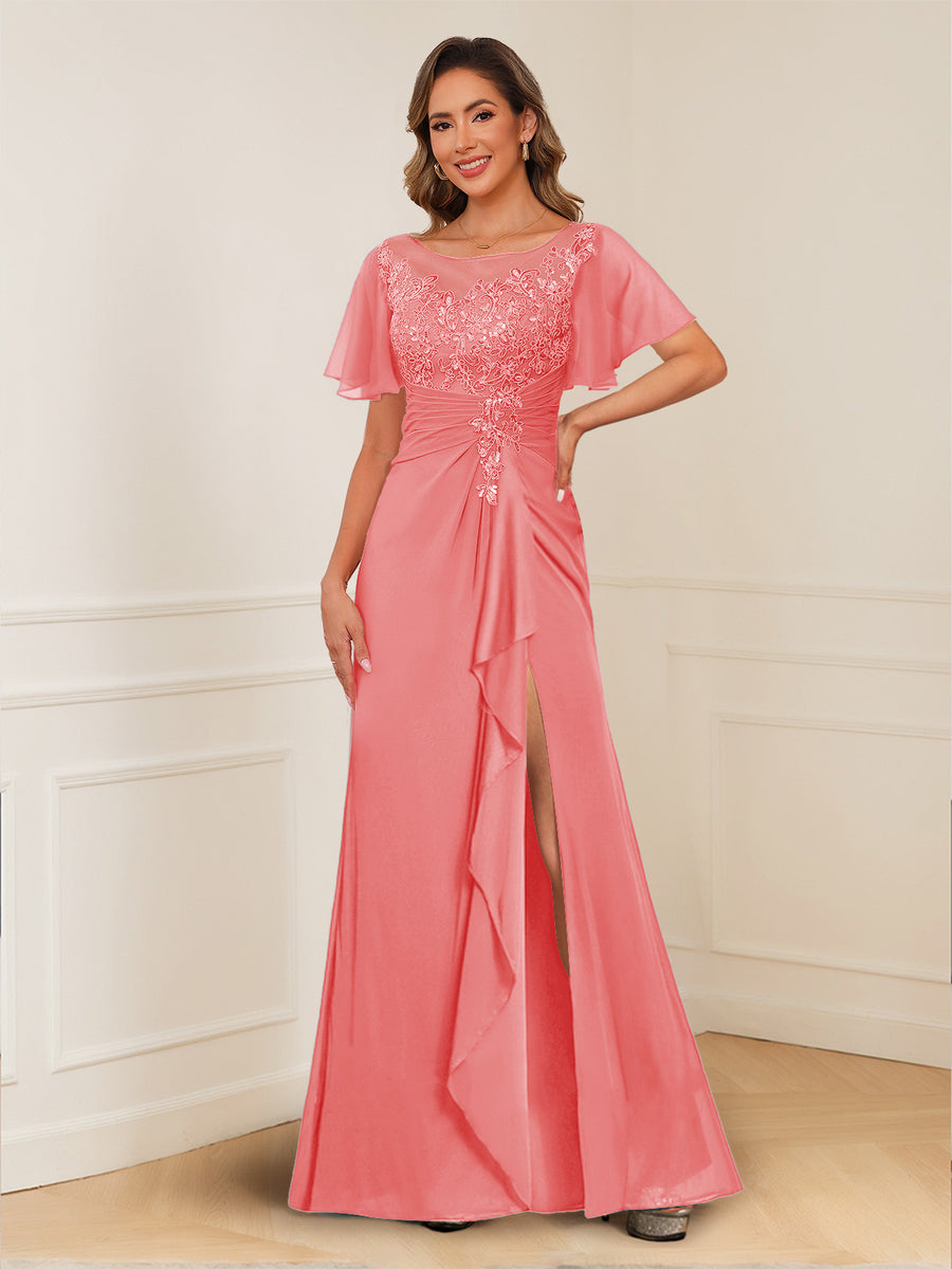 A-Line/Princess Illusion Scoop Appliques Ruched Mother of the Bride Dresses with Split Side
