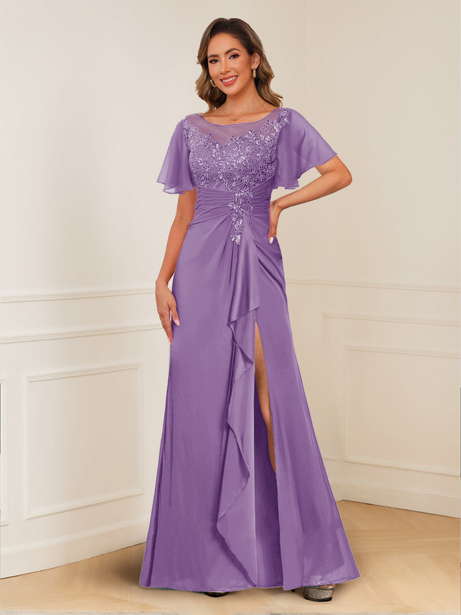 A-Line/Princess Illusion Scoop Appliques Ruched Mother of the Bride Dresses with Split Side