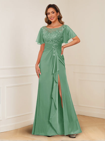 A-Line/Princess Illusion Scoop Appliques Ruched Mother of the Bride Dresses with Split Side