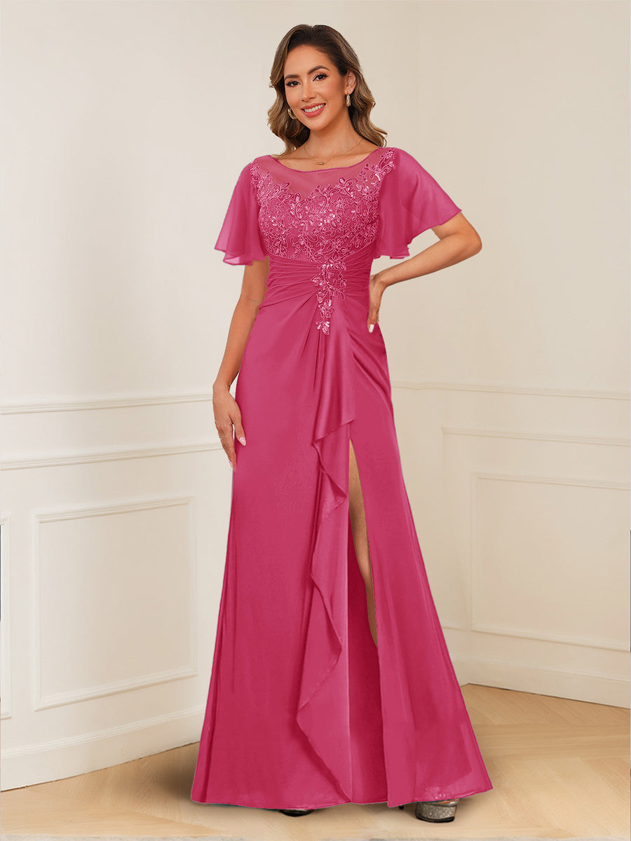 A-Line/Princess Illusion Scoop Appliques Ruched Mother of the Bride Dresses with Split Side