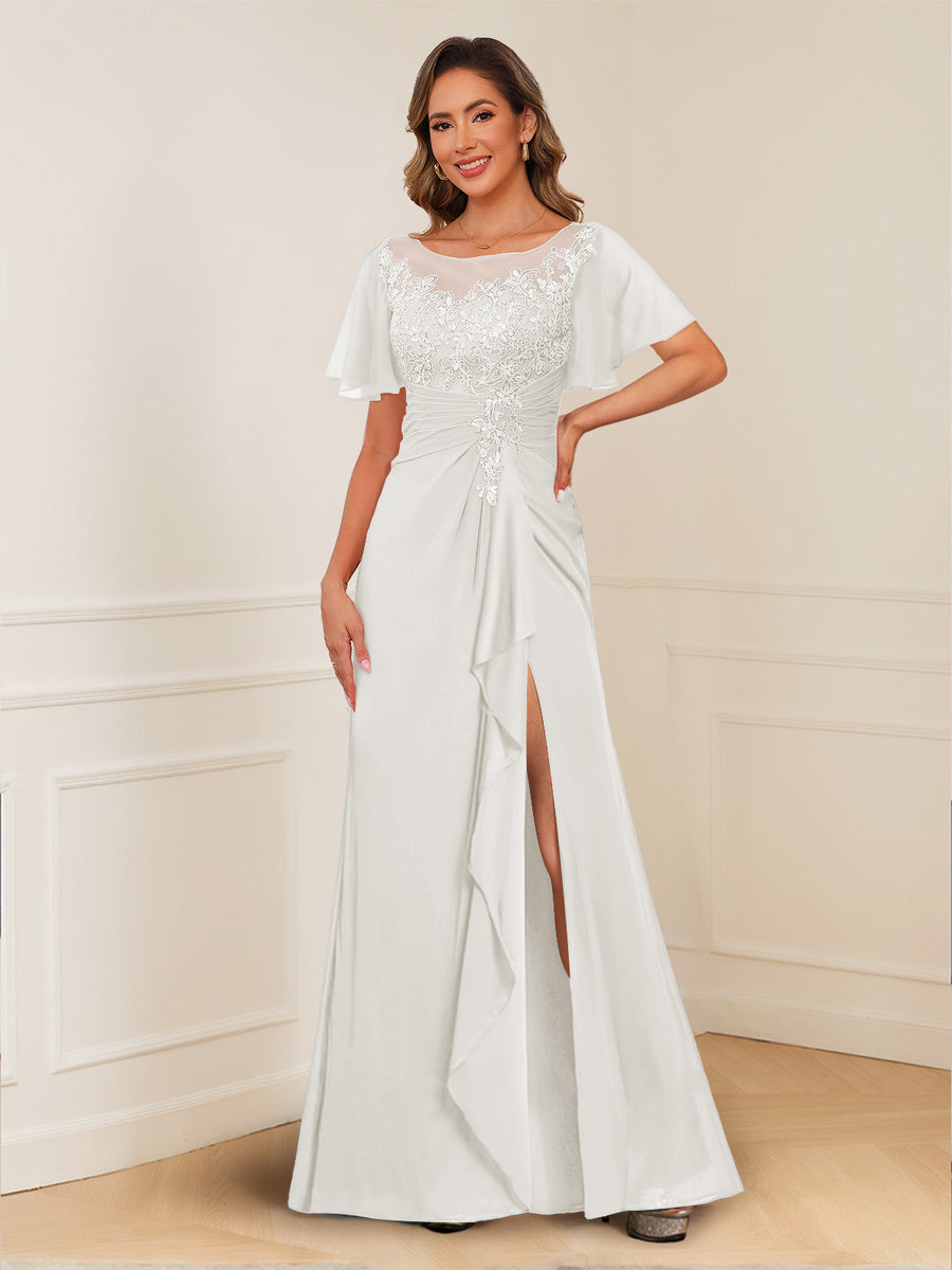 A-Line/Princess Illusion Scoop Appliques Ruched Mother of the Bride Dresses with Split Side