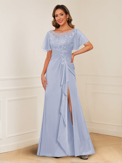 A-Line/Princess Illusion Scoop Appliques Ruched Mother of the Bride Dresses with Split Side