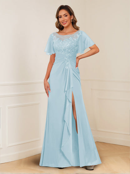 A-Line/Princess Illusion Scoop Appliques Ruched Mother of the Bride Dresses with Split Side