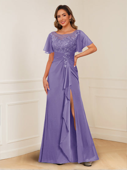A-Line/Princess Illusion Scoop Appliques Ruched Mother of the Bride Dresses with Split Side