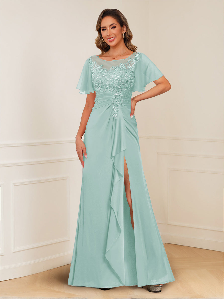 A-Line/Princess Illusion Scoop Appliques Ruched Mother of the Bride Dresses with Split Side