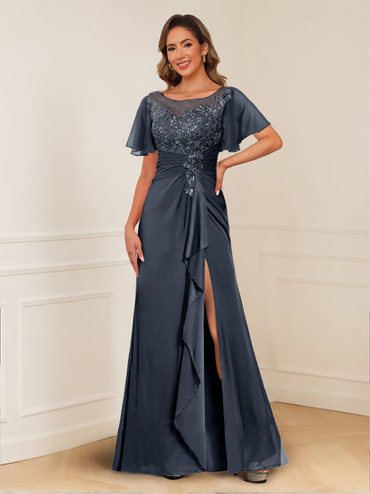 A-Line/Princess Illusion Scoop Appliques Ruched Mother of the Bride Dresses with Split Side