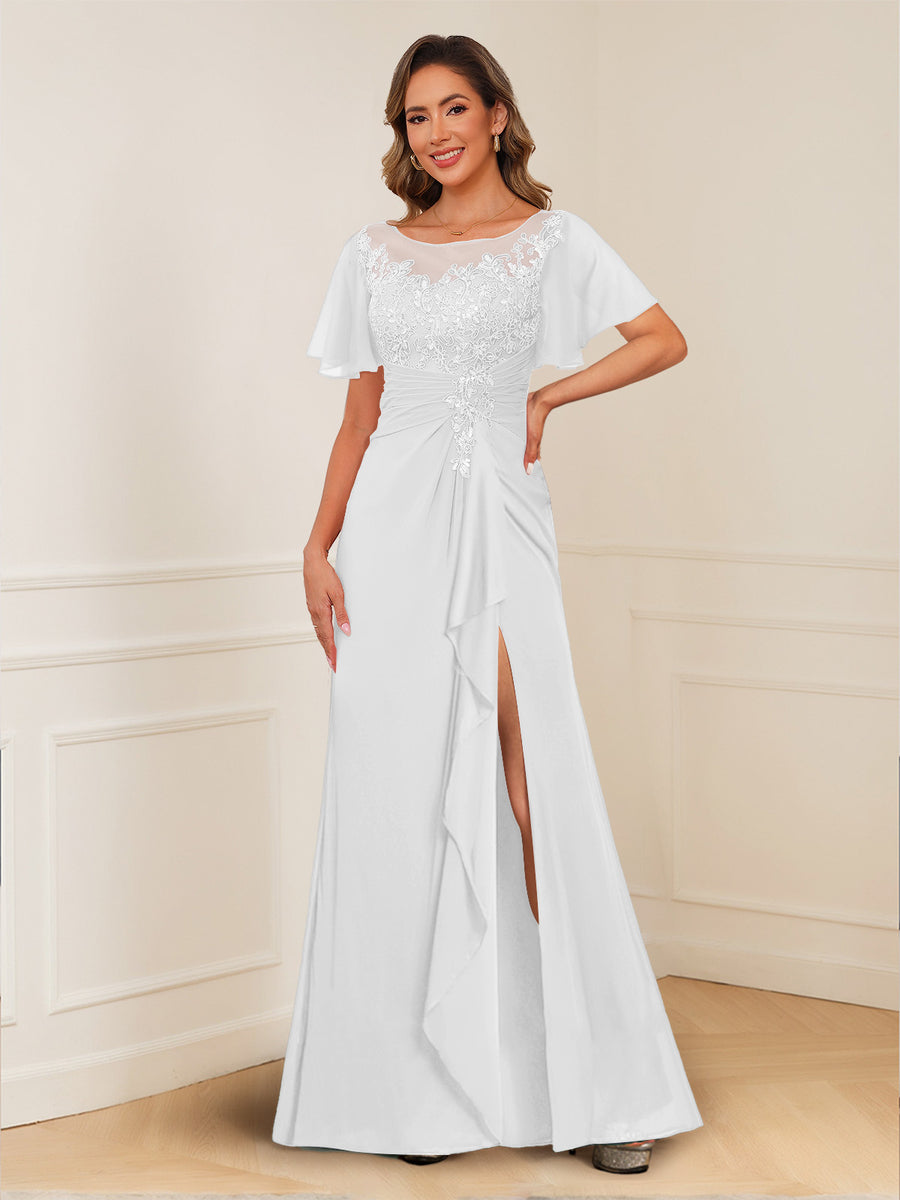 A-Line/Princess Illusion Scoop Appliques Ruched Mother of the Bride Dresses with Split Side