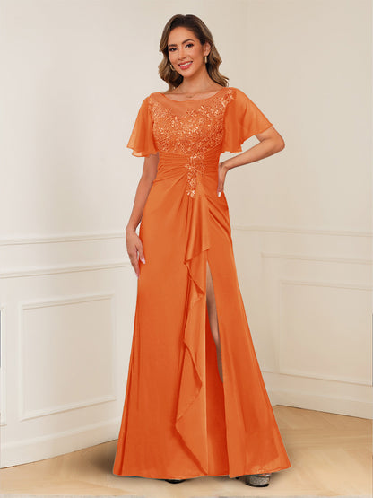 A-Line/Princess Illusion Scoop Appliques Ruched Mother of the Bride Dresses with Split Side