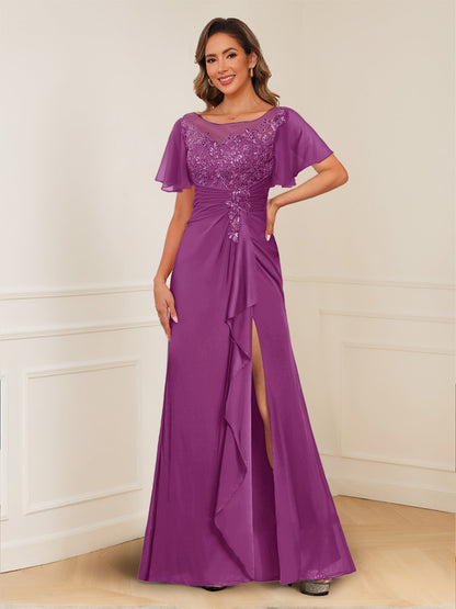 A-Line/Princess Illusion Scoop Appliques Ruched Mother of the Bride Dresses with Split Side