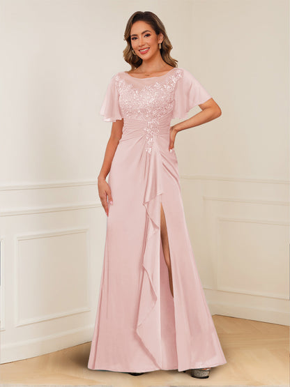 A-Line/Princess Illusion Scoop Appliques Ruched Mother of the Bride Dresses with Split Side