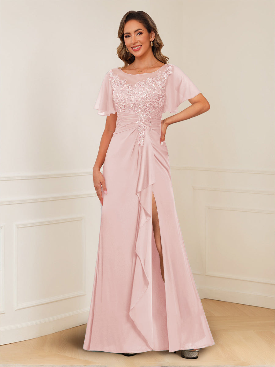 A-Line/Princess Illusion Scoop Appliques Ruched Mother of the Bride Dresses with Split Side