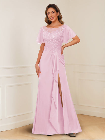 A-Line/Princess Illusion Scoop Appliques Ruched Mother of the Bride Dresses with Split Side