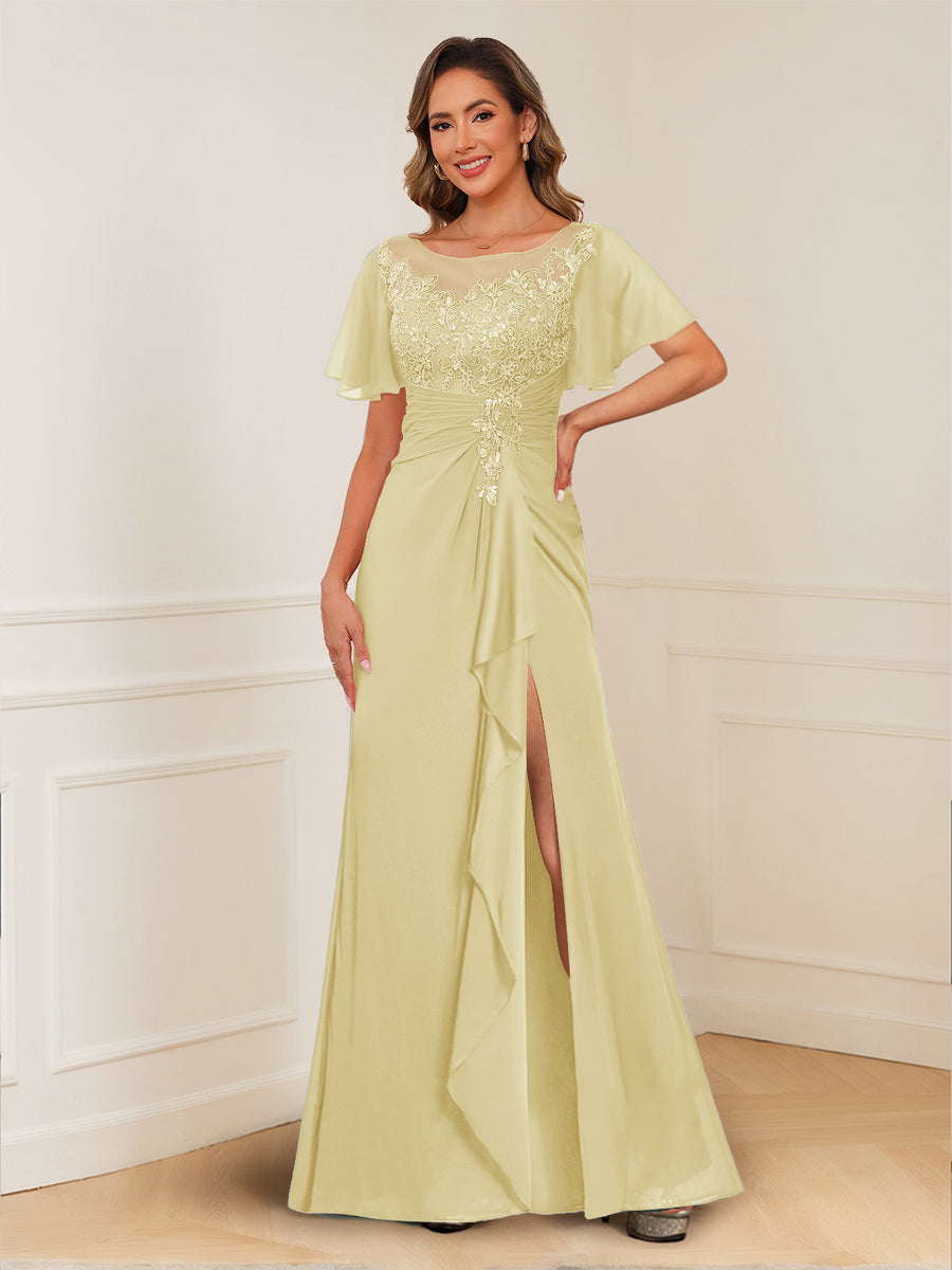 A-Line/Princess Illusion Scoop Appliques Ruched Mother of the Bride Dresses with Split Side