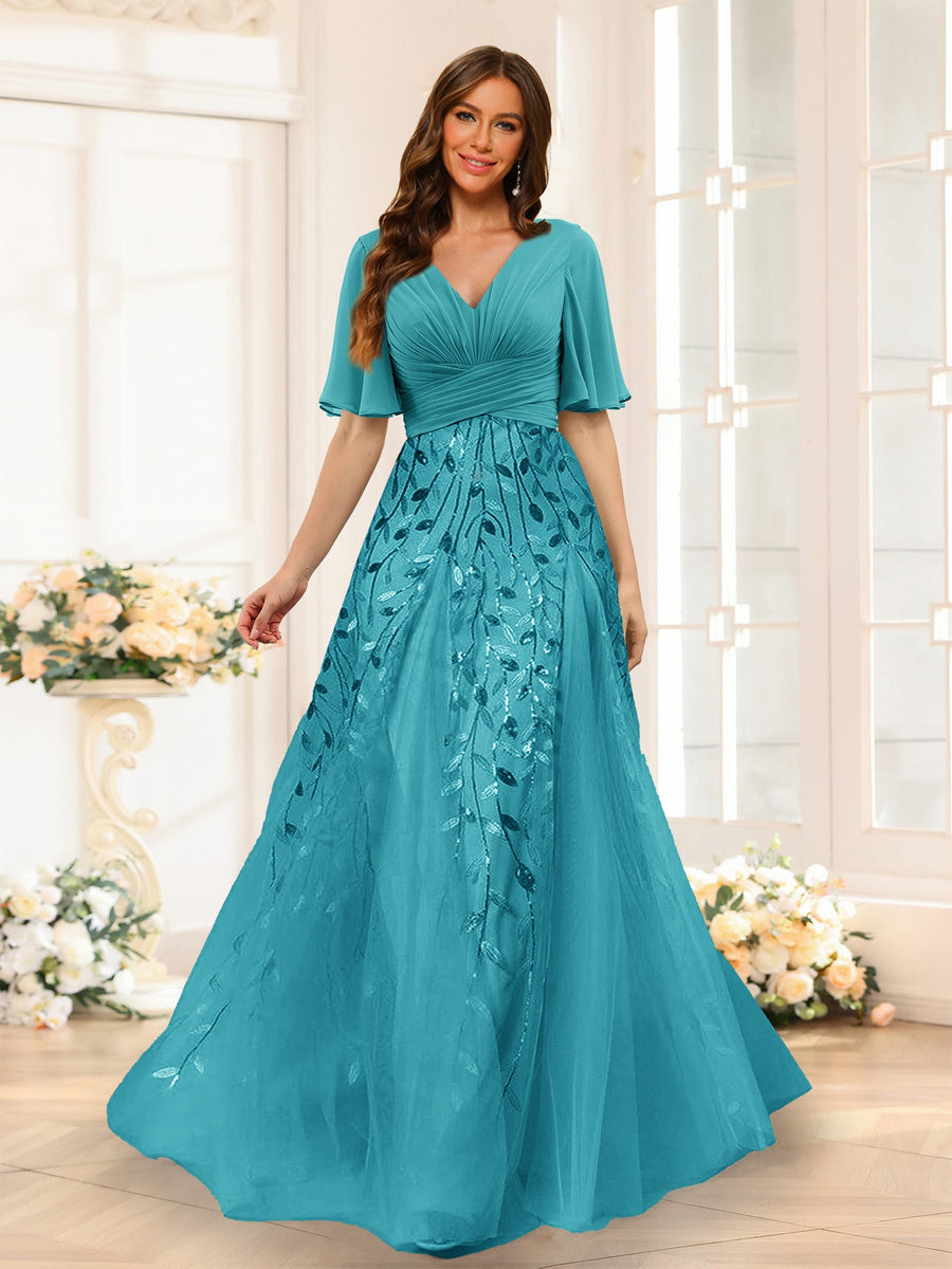 A-Line V-Neck Half Sleeves Split Side Chiffon Bridesmaid Dresses With Appliques