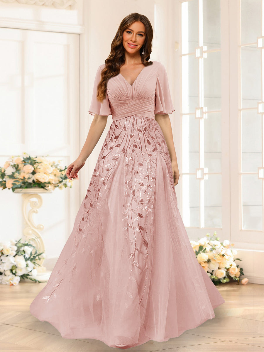 A-Line V-Neck Half Sleeves Split Side Chiffon Bridesmaid Dresses With Appliques