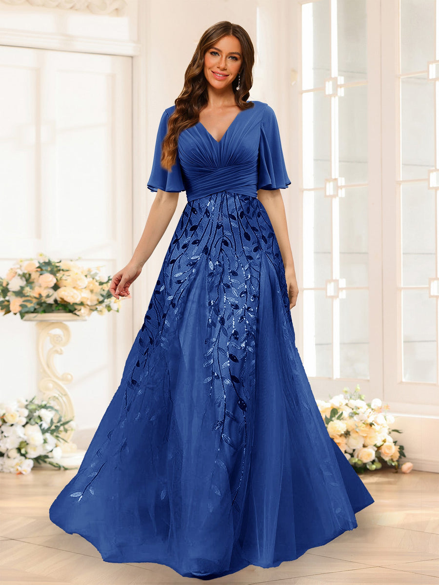 A-Line V-Neck Half Sleeves Split Side Chiffon Bridesmaid Dresses With Appliques
