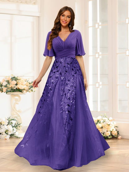 A-Line V-Neck Half Sleeves Split Side Chiffon Bridesmaid Dresses With Appliques