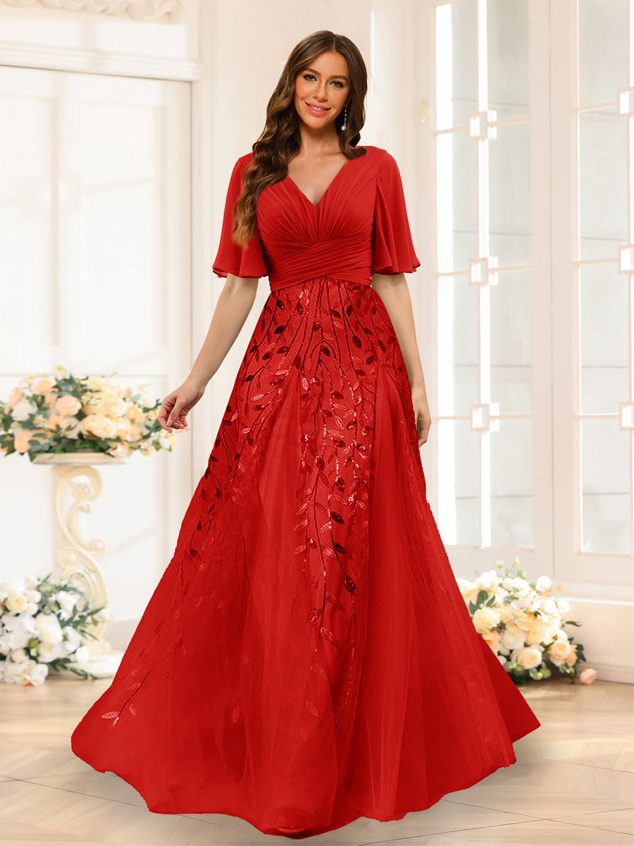 A-Line V-Neck Half Sleeves Split Side Chiffon Bridesmaid Dresses With Appliques