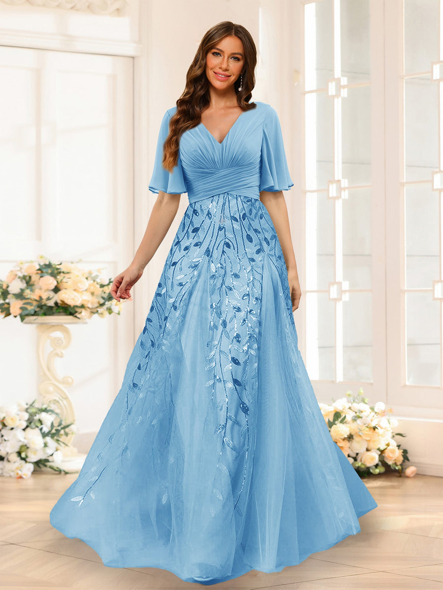 A-Line V-Neck Half Sleeves Split Side Chiffon Bridesmaid Dresses With Appliques