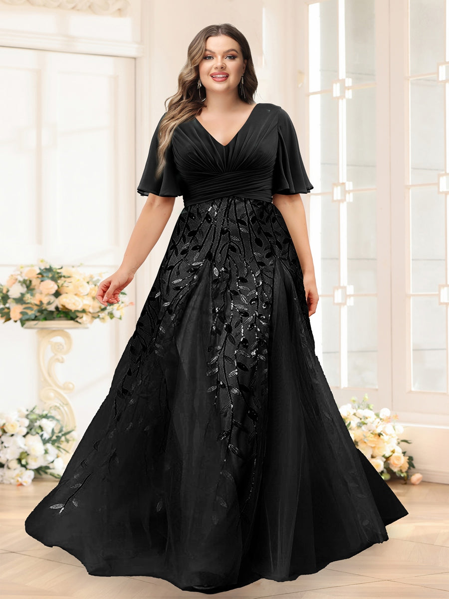 A-Line V-Neck Half Sleeves Split Side Chiffon Plus Size Bridesmaid Dresses With Appliques