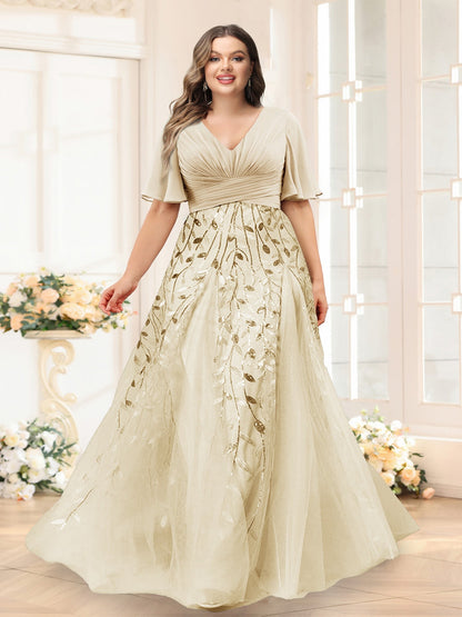 A-Line V-Neck Half Sleeves Split Side Chiffon Plus Size Bridesmaid Dresses With Appliques