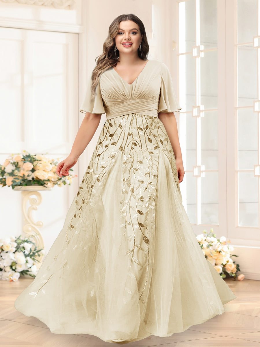 A-Line V-Neck Half Sleeves Split Side Chiffon Plus Size Bridesmaid Dresses With Appliques