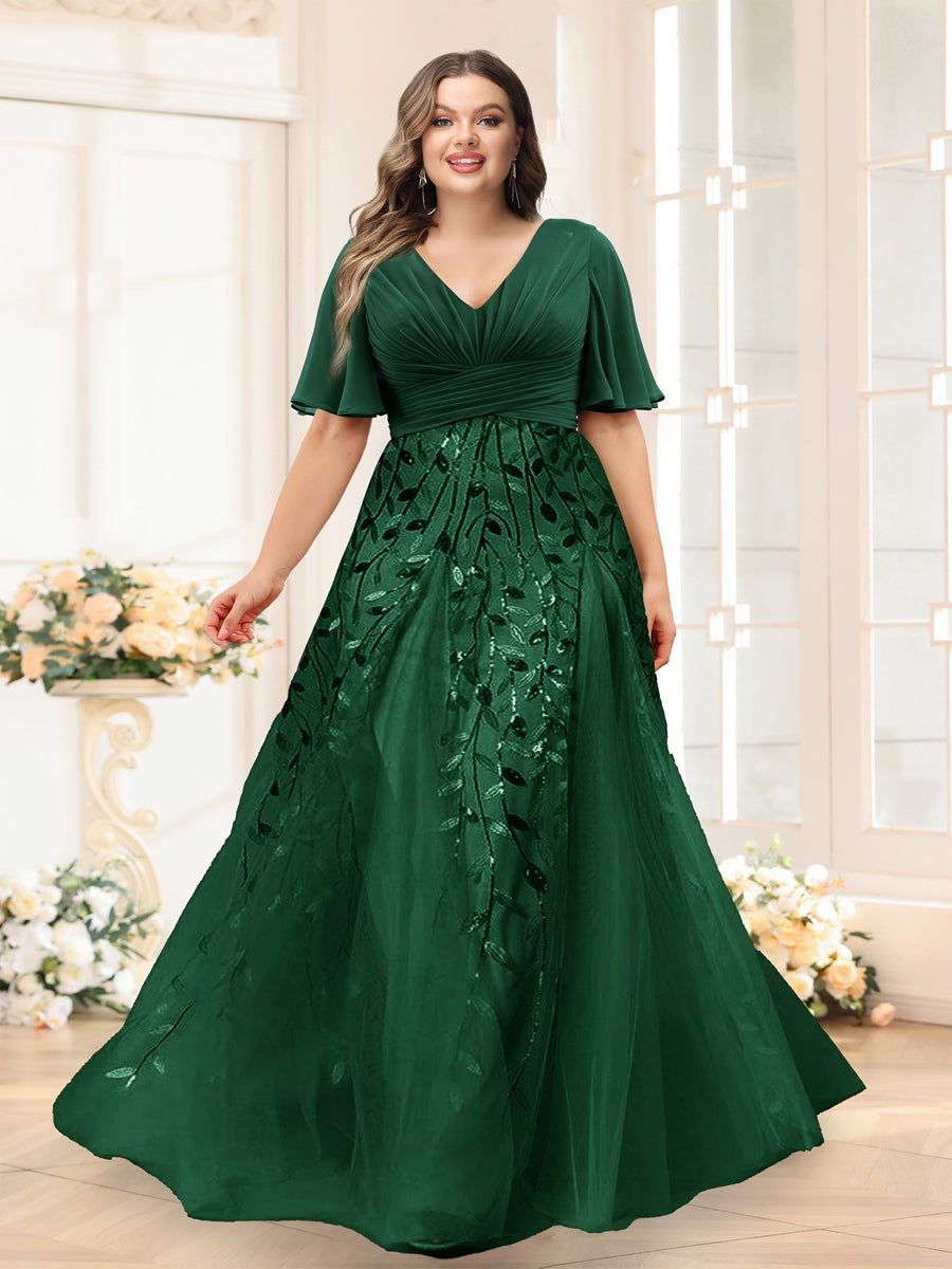 A-Line V-Neck Half Sleeves Split Side Chiffon Plus Size Bridesmaid Dresses With Appliques