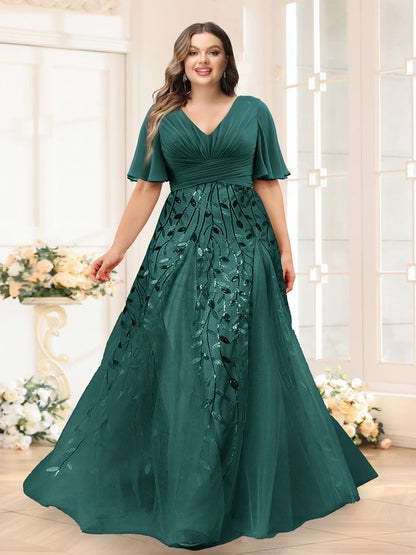 A-Line V-Neck Half Sleeves Split Side Chiffon Plus Size Bridesmaid Dresses With Appliques