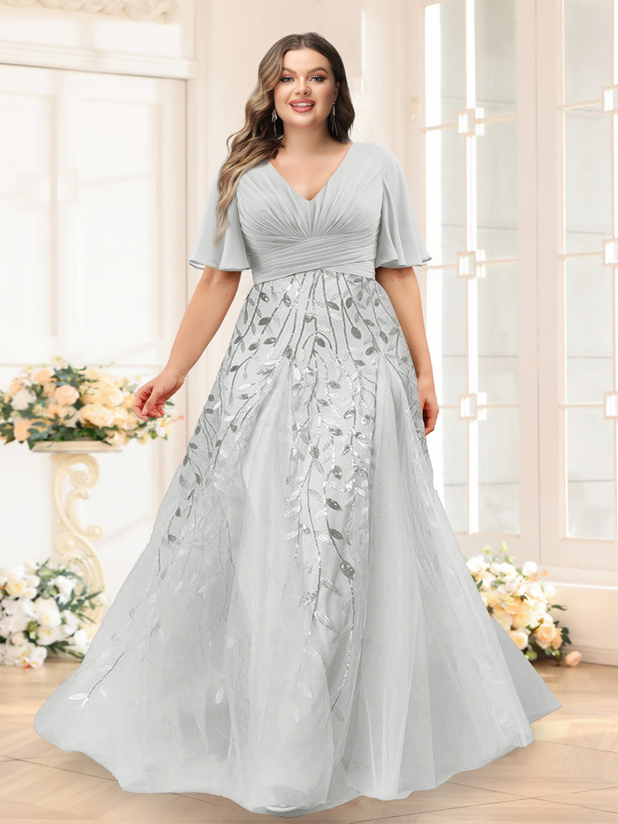A-Line V-Neck Half Sleeves Split Side Chiffon Plus Size Bridesmaid Dresses With Appliques