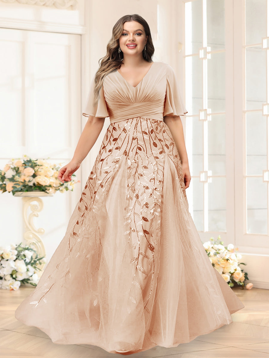 A-Line V-Neck Half Sleeves Split Side Chiffon Plus Size Bridesmaid Dresses With Appliques