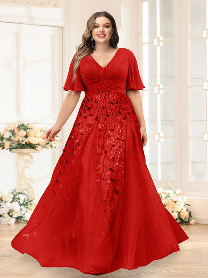 A-Line V-Neck Half Sleeves Split Side Chiffon Plus Size Bridesmaid Dresses With Appliques
