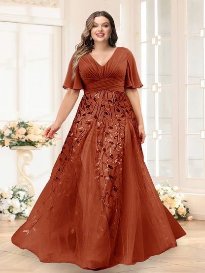 A-Line V-Neck Half Sleeves Split Side Chiffon Plus Size Bridesmaid Dresses With Appliques