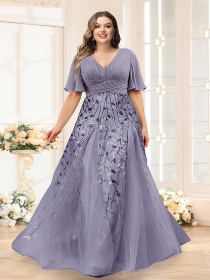 A-Line V-Neck Half Sleeves Split Side Chiffon Plus Size Bridesmaid Dresses With Appliques