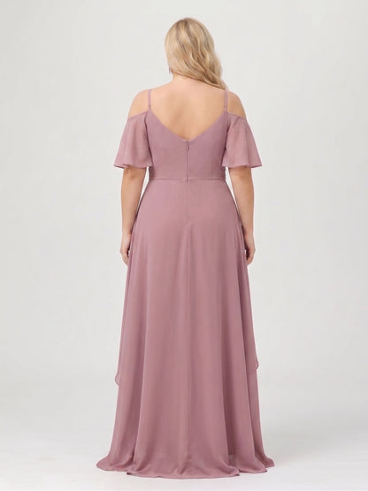 A-Line/Princess Spaghetti Straps Half Sleeves V-Neck Plus Size Bridesmaid Dresses With Ruffles