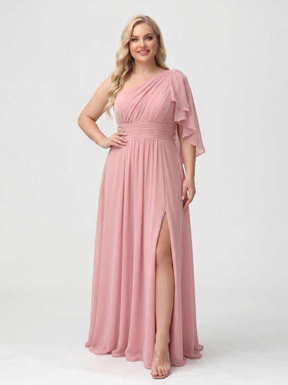 A-Line/Princess Floor-Length One-Shoulder Plus Size Bridesmaid Dresses With Split Side