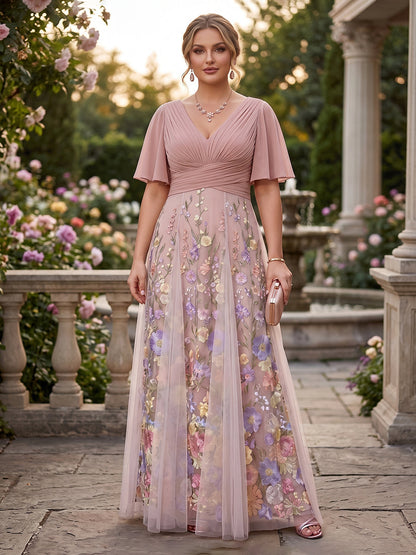 A-Line/Princess V-Neck Half Sleeves Plus Size Mother of the Bride Dresses with Appliques & Pleats
