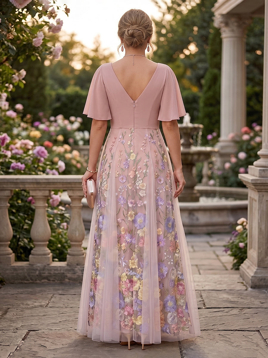 A-Line/Princess V-Neck Half Sleeves Plus Size Mother of the Bride Dresses with Appliques & Pleats