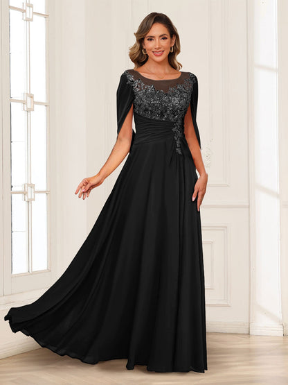 A-Line/Princess Illusion Scoop Appliques Ruched Mother of the Bride Dresses with Cape