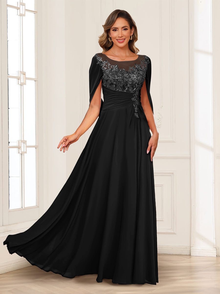 A-Line/Princess Illusion Scoop Appliques Ruched Mother of the Bride Dresses with Cape