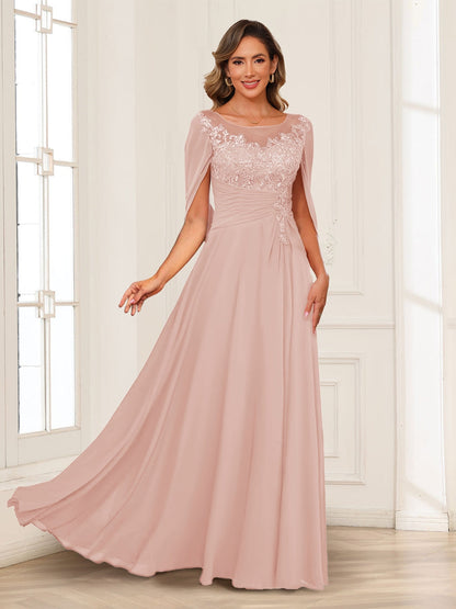 A-Line/Princess Illusion Scoop Appliques Ruched Mother of the Bride Dresses with Cape
