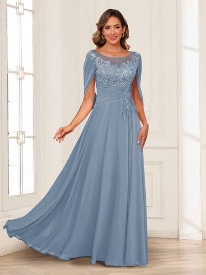 A-Line/Princess Illusion Scoop Appliques Ruched Mother of the Bride Dresses with Cape