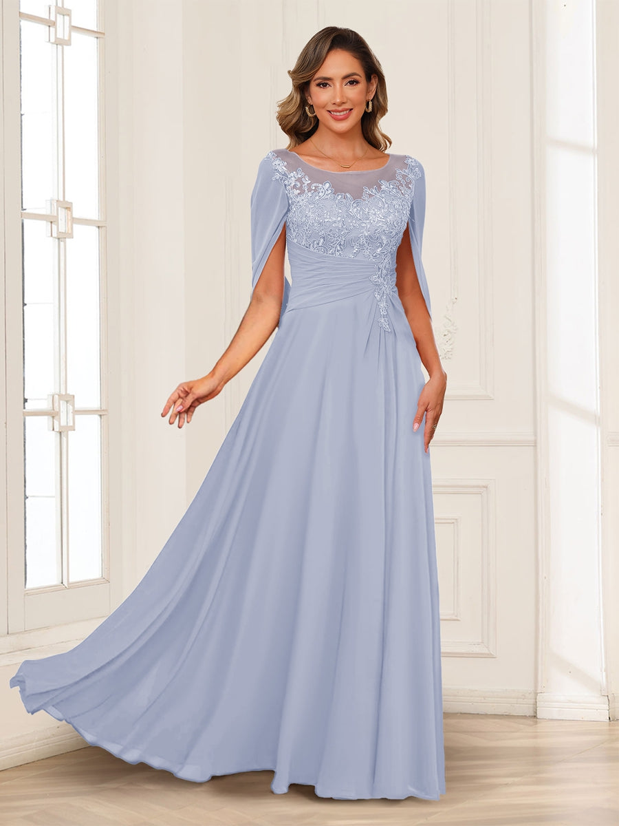 A-Line/Princess Illusion Scoop Appliques Ruched Mother of the Bride Dresses with Cape
