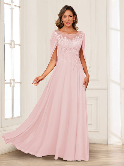 A-Line/Princess Illusion Scoop Appliques Ruched Mother of the Bride Dresses with Cape