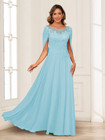 A-Line/Princess Illusion Scoop Appliques Ruched Mother of the Bride Dresses with Cape