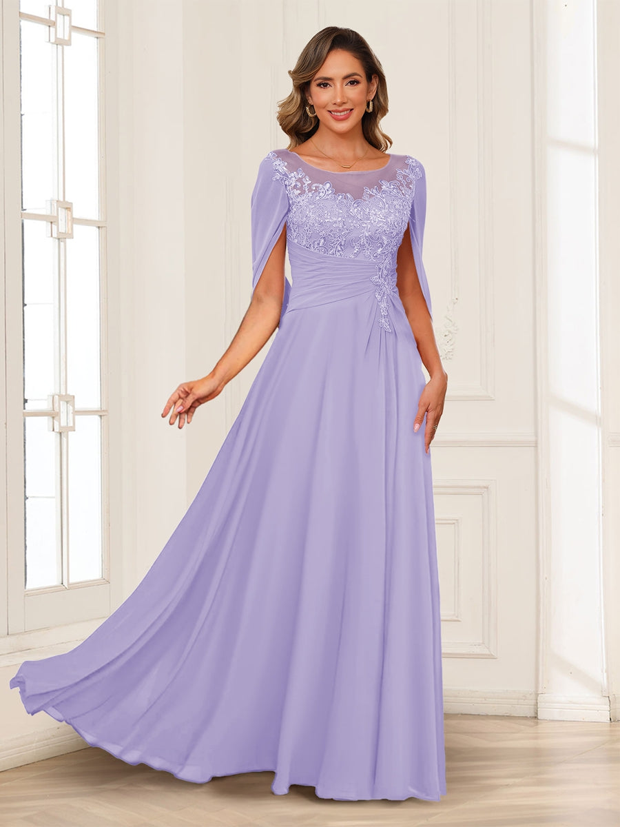 A-Line/Princess Illusion Scoop Appliques Ruched Mother of the Bride Dresses with Cape