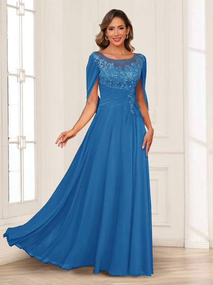 A-Line/Princess Illusion Scoop Appliques Ruched Mother of the Bride Dresses with Cape