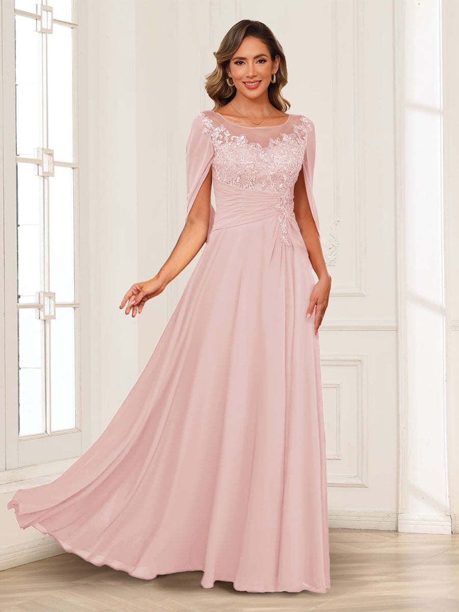 A-Line/Princess Illusion Scoop Appliques Ruched Mother of the Bride Dresses with Cape