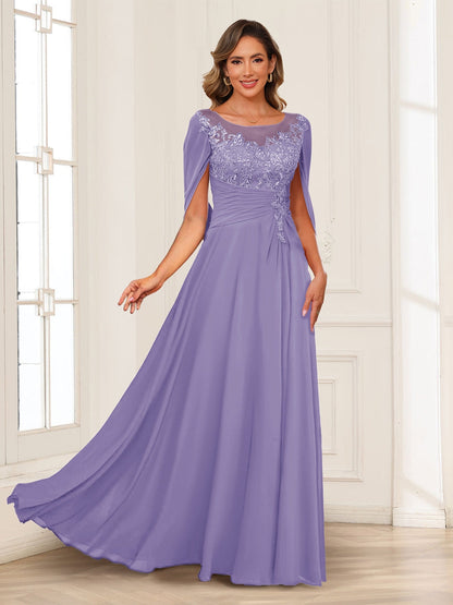A-Line/Princess Illusion Scoop Appliques Ruched Mother of the Bride Dresses with Cape